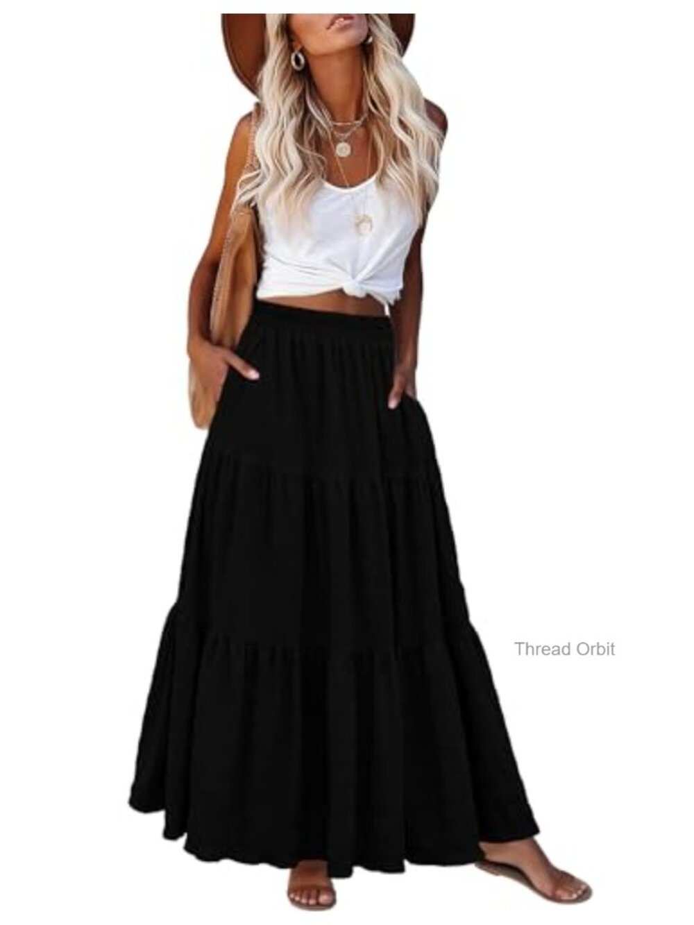 Womens Boho Flowy Maxi Skirt 100% Rayon Tiered A-Line Pockets